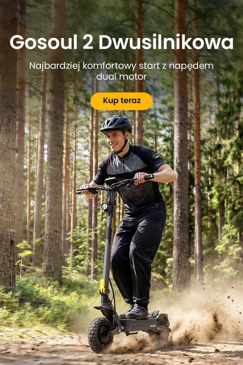 Person riding a Gosoul 2 Dwusilnikowa scooter in a forest setting with promotional text overlay.