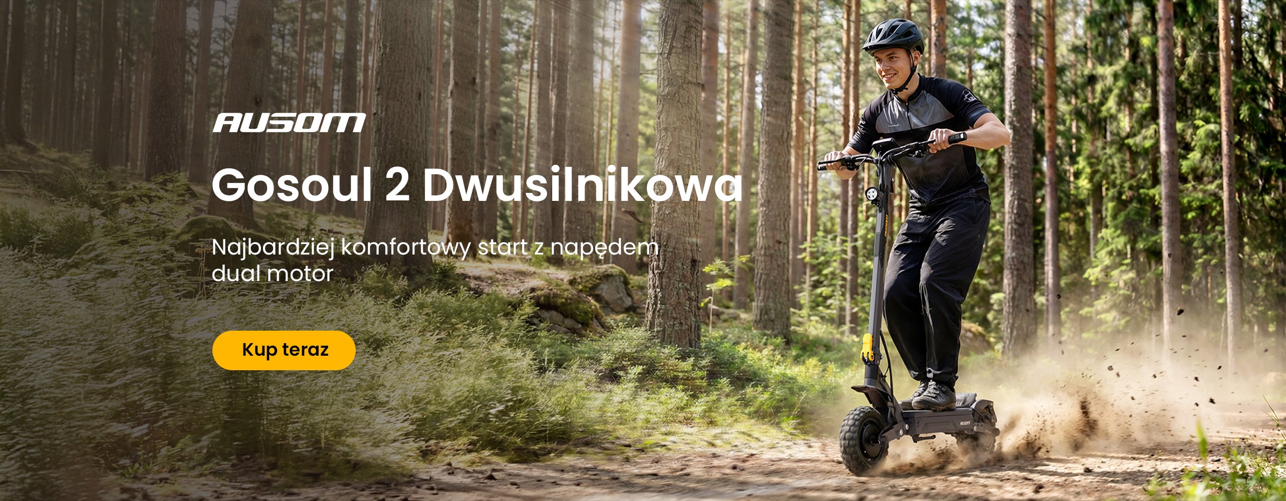 Person riding a scooter in a forest with promotional text for AUSOM Gosoul 2 Dwusilnikowa scooter.